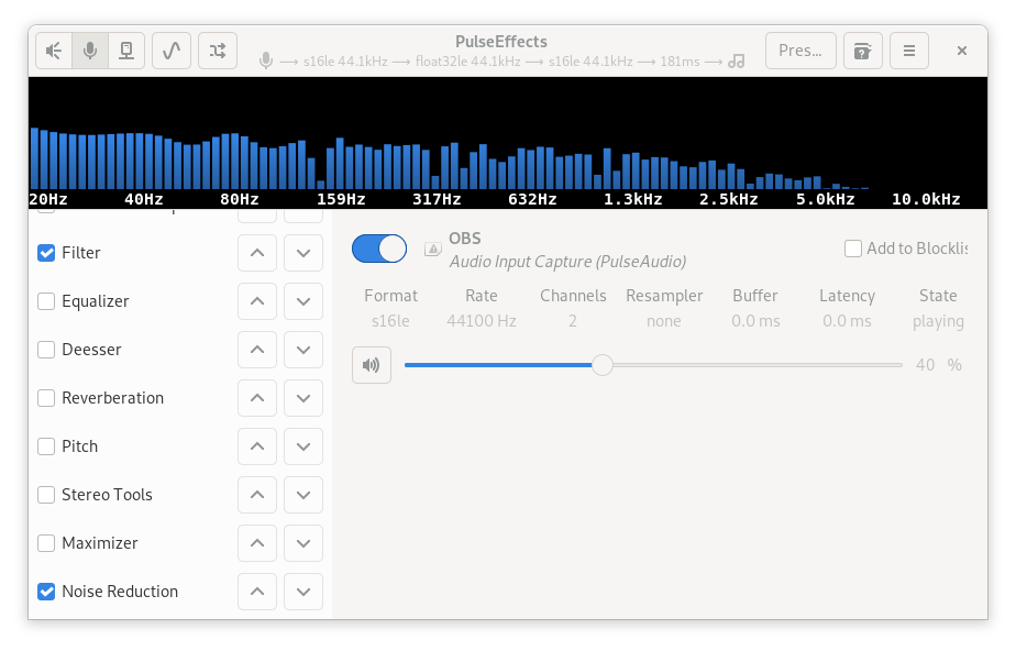 Screenshot of using ``pulseeffects``